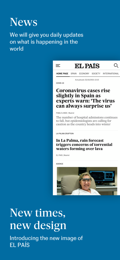 EL PAIS app interface showing international news headlines and modern design