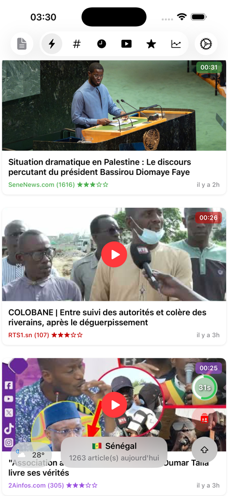 Interfaccia mobile dell'app Actu Senegal che visualizza un feed di notizie curato con articoli e video da fonti senegalesi