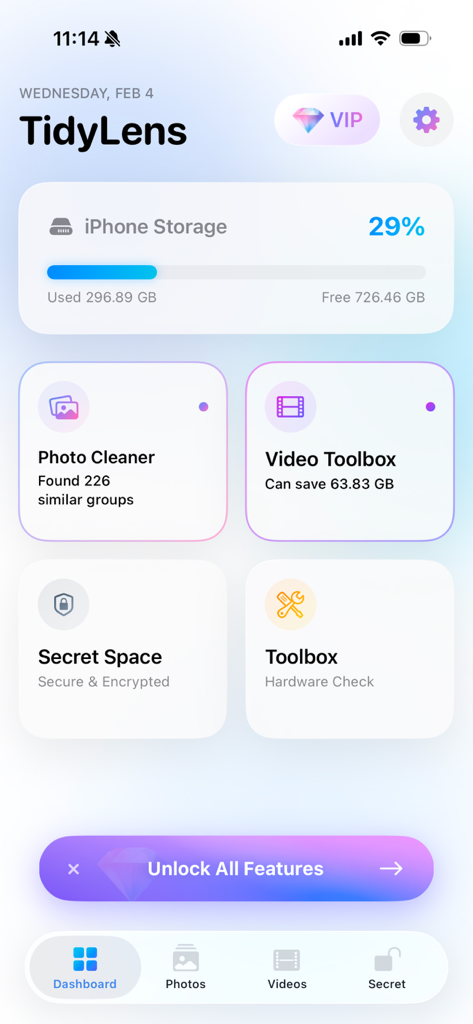 TidyLens - TidyLens app dashboard showing iPhone storage usage and photo cleaner options.