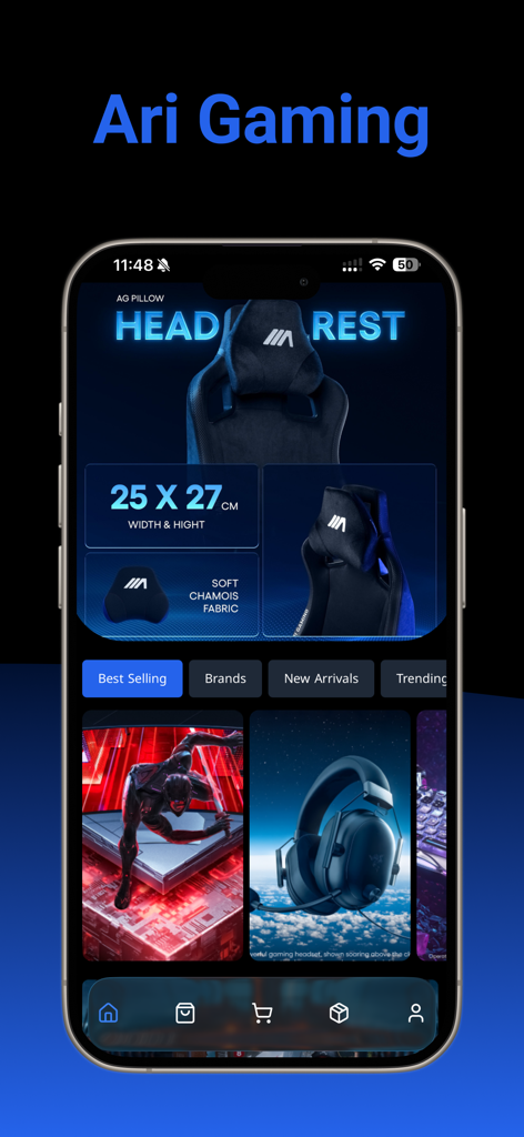 Ari Gaming app interface displaying a high end gaming headrest and trending headsets for enthusiasts
