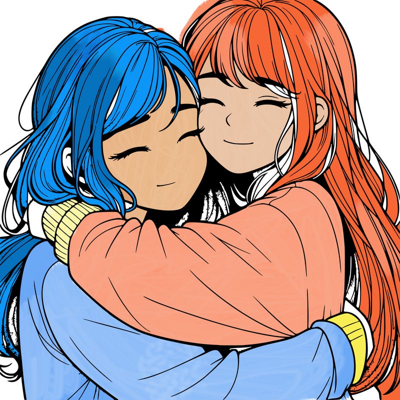 realistic two girls hugging