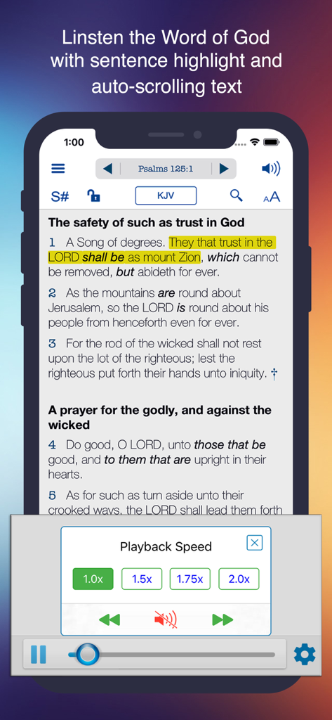 Bible KJV Strong's Concordance - Bible KJV app audio playback with verse highlighting and playback speed controls
