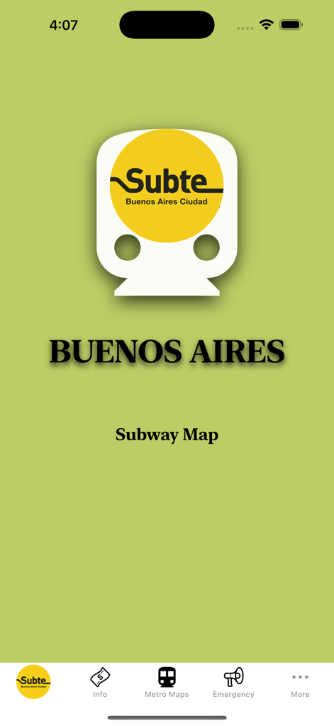 Pantalla de inicio de la aplicación Buenos Aires Subway Map mostrando el logo del Subte