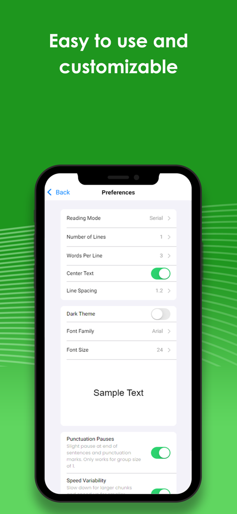 Spreeder - Speed Reading - Spreeder app preferences screen showing reading mode and font customization options