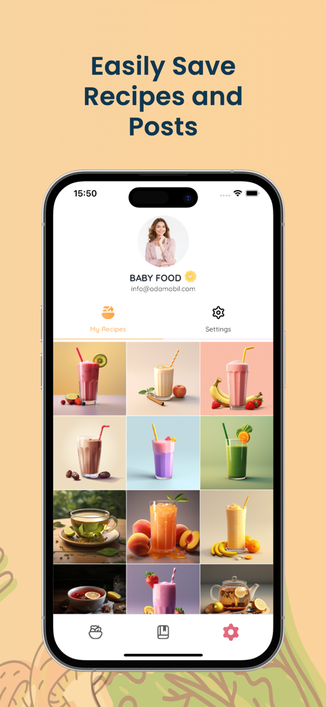 Smartphone screen showing a user collection of saved healthy smoothie and drink recipes for babies.