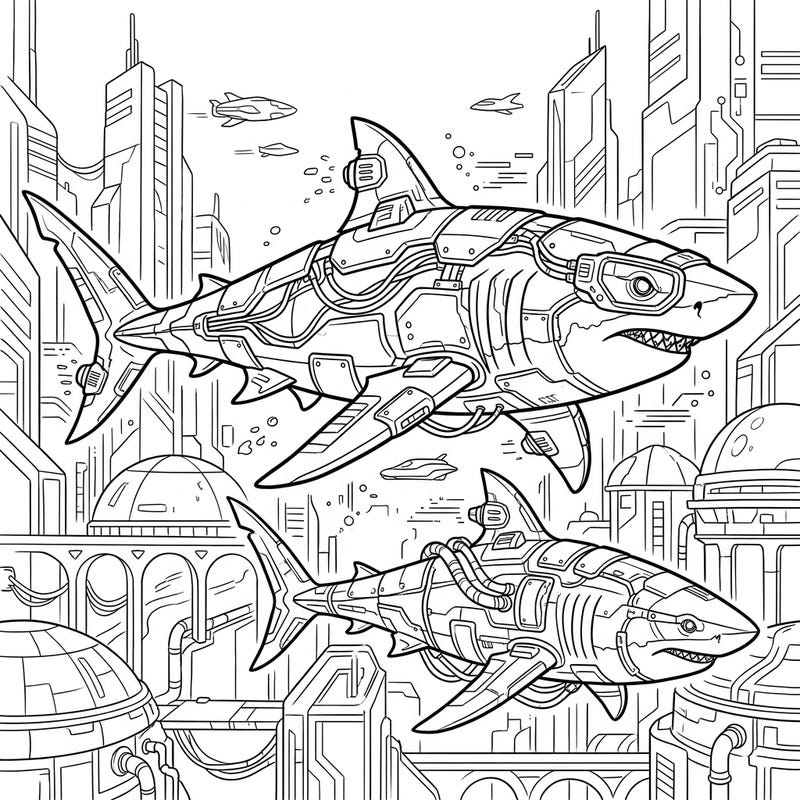 Experience the thrilling fusion of nature and technology with our Cyberpunk Sharks adult coloring page. This intricate design plunges you into a futuristic underwater city, offering a unique and engaging artistic challenge.
