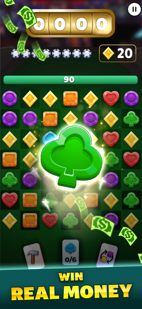 Match3 - Win Cash - A match-3 puzzle game board with colorful tiles and floating dollar bills indicating cash prizes.