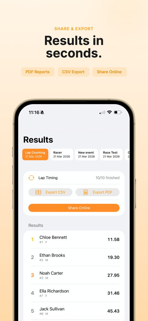 Race results list in Run Lap Tap app with PDF and CSV export buttons