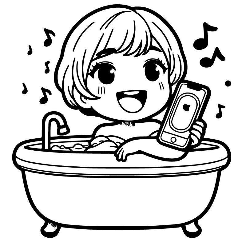 realistic pretty girl with short hair laying in a bathtub, holding an iphone with a smile, singing