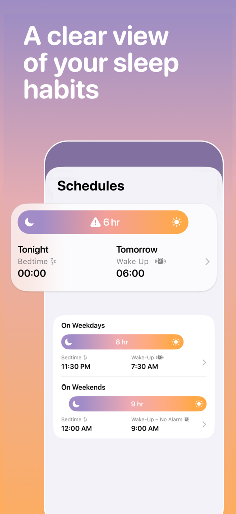 Awake: Smart Alarm Clock - Awake app dashboard displaying personalized sleep schedules and wake up times for optimized morning routines.