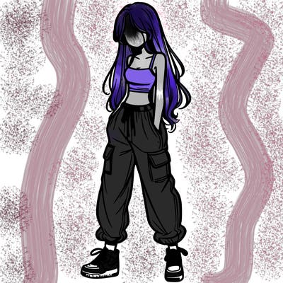 girl in baggy pants crop top and long hair