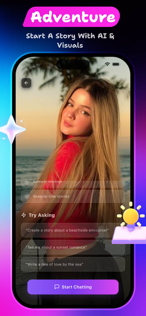 Curvae app interface for starting a story with AI and visuals