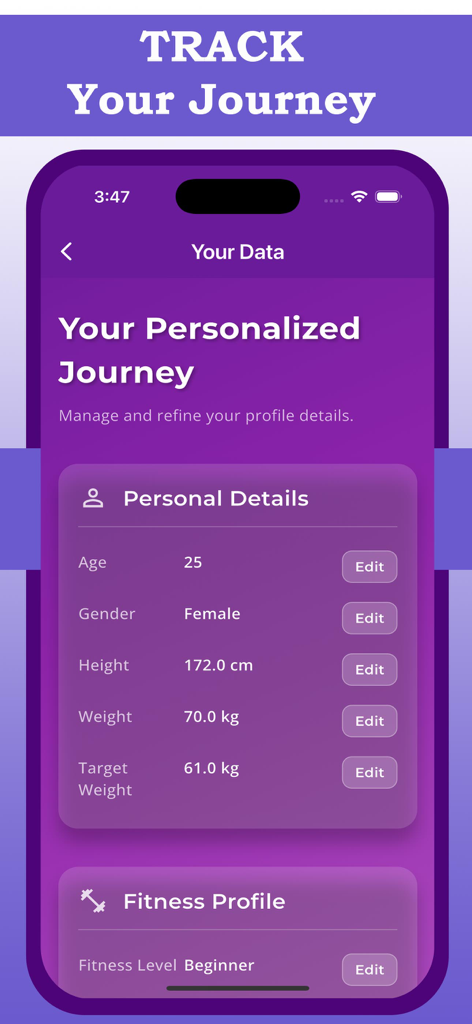 Bigger Buttocks Workout,glutes - Tela de acompanhamento de dados pessoais de um aplicativo móvel para uma jornada de fitness, incluindo peso e metas