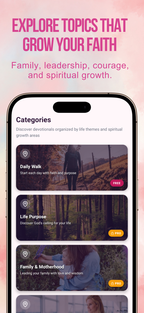 Tela de iPhone mostrando categorias de fé como Caminhada Diária e Família e Maternidade no aplicativo Devocional para Mulheres