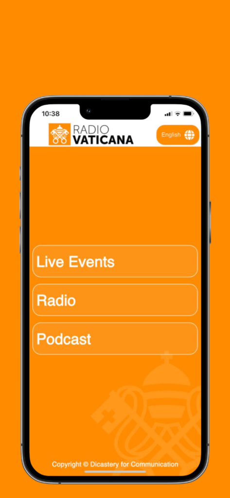Radio Vaticana app home screen showing menu options for Live Events, Radio, and Podcasts.