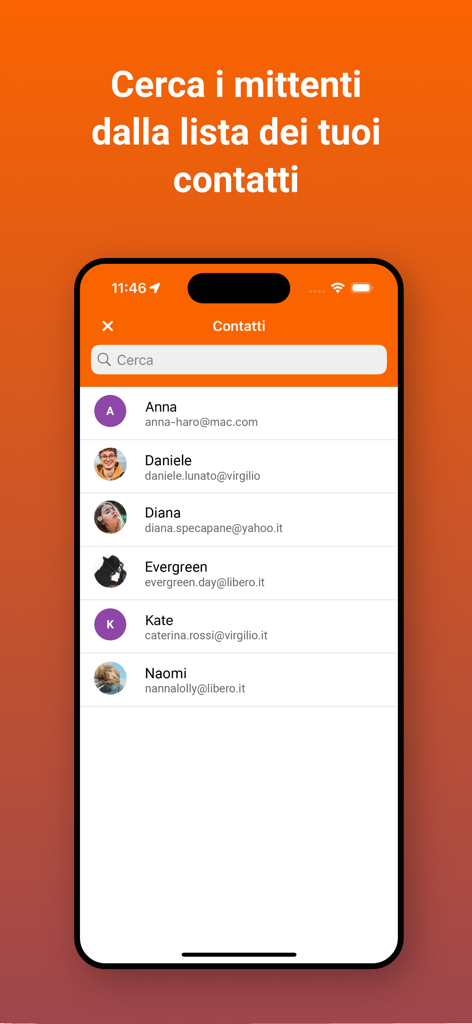 Virgilio Mail - Email App - Schermata contatti dell'app Virgilio Mail che mostra un elenco ricercabile di destinatari email