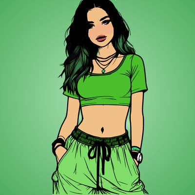 realistic girl in crop top and baggy pants