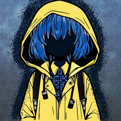 little anime girl in a raincoat her hair is covering her eyes she has a lighter