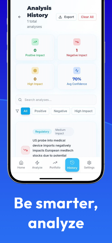 Pocket Option AI Interpreter analysis history screen displaying market impact metrics and recent financial news summaries