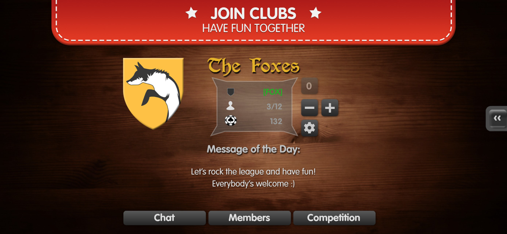 Interface do jogo para se juntar a clubes no Doppelkopf Online Doko mostrando um perfil de clube chamado The Foxes