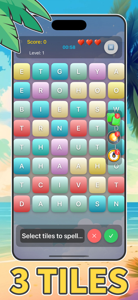 Tiles Quest:Word & MatchPuzzle - Interfaz de un juego de puzzles de palabras para móviles que muestra una cuadrícula de fichas de letras coloridas sobre un fondo de playa tropical