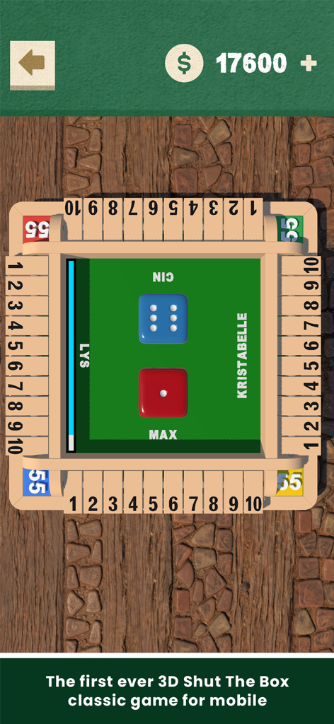 Shut The Box - Dice Board Game - Vista cenital de una mesa de juego Shut The Box de madera en 3D con cuatro posiciones de jugador y dados