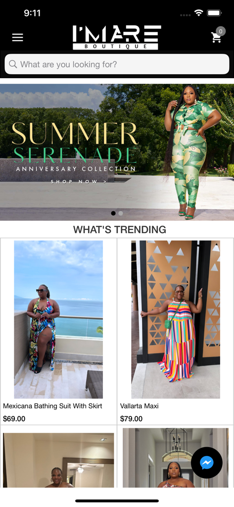 IMarE Boutique mobile app interface showing trending women's fashion items and summer collection