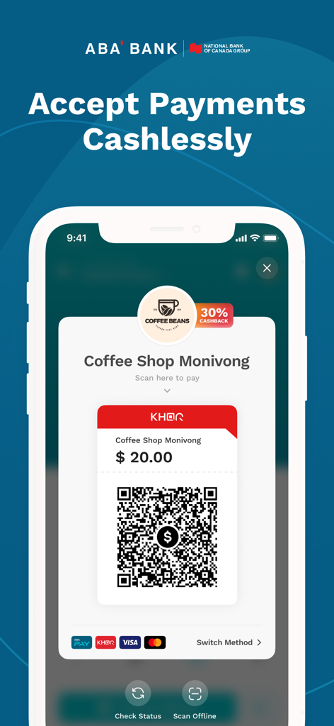 ABA Merchant - Pantalla de la aplicación ABA Merchant mostrando un código KHQR para un pago sin efectivo de veinte dólares