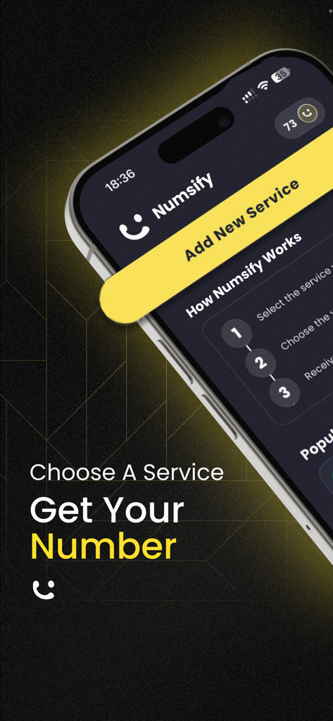 Numsify - Virtual Number - Interface of the Numsify app showing steps to choose a service and get a virtual phone number