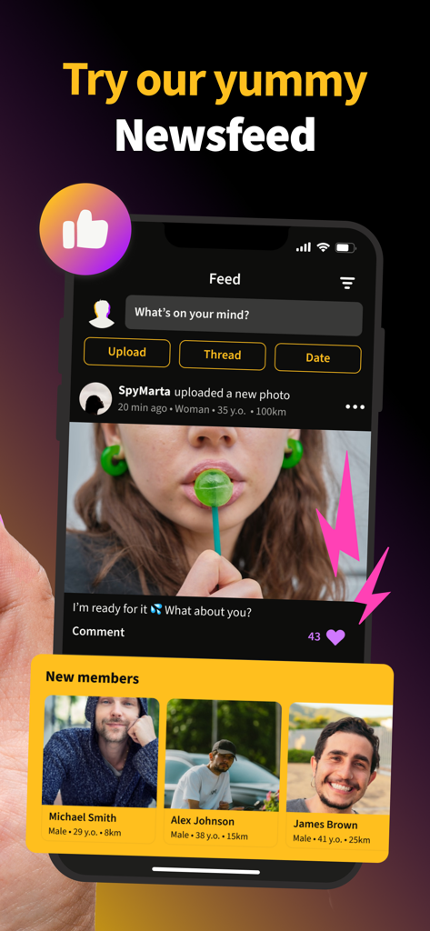 POPCORN: Date, Flirt, Connect - POPCORNデーティングアプリのソーシャルニュースフィードと新しいメンバープロフィールが表示されているモバイル画面。