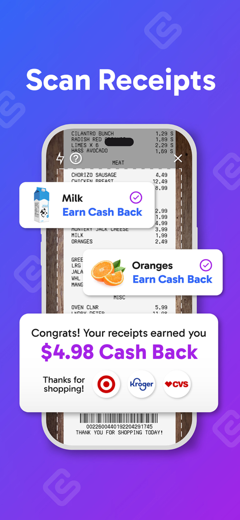 Swagbucks mobile app screen demonstrating grocery receipt scanning for cash back rewards