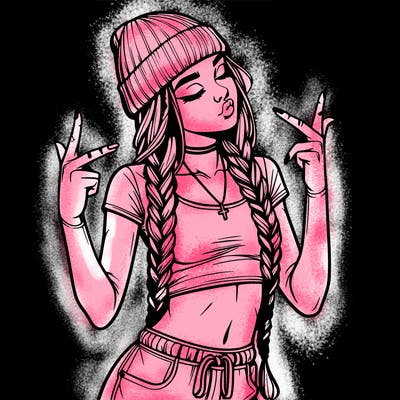 realistic teenage girl with braids and a beanie and crop top doing 🫶🏼