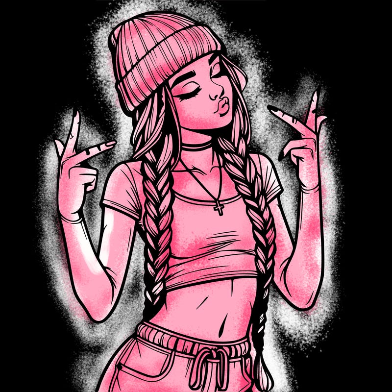 realistic teenage girl with braids and a beanie and crop top doing 🫶🏼