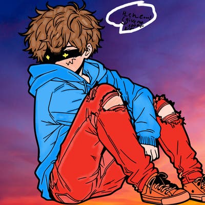 a male hoddie ripped jeans messy hair anime