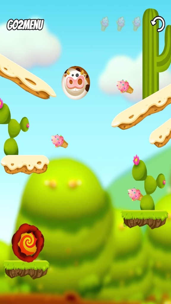 Super Crazy Cow FREE - Cute cow character collecting pink ice cream in a colorful cartoon landscape