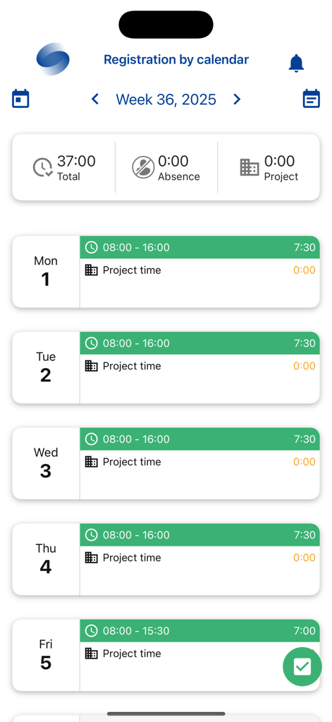 Worklinq app screen displaying a weekly work schedule and registered shift hours
