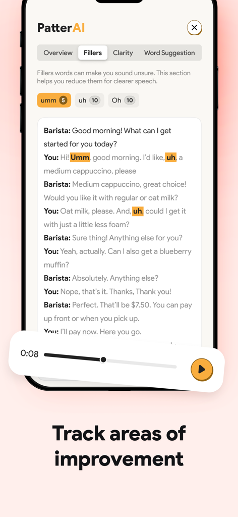 PatterAI interface showing filler word detection and tracking in a conversation transcript
