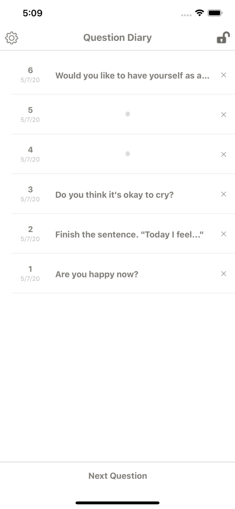 Question Diary - A minimalist list of daily self-reflection questions within the Question Diary app interface