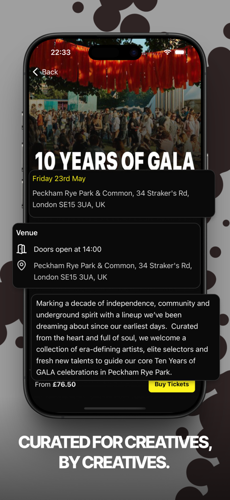 Buzz - Find Creative Events - Buzz app event details page for a creative music festival showing venue and tickets