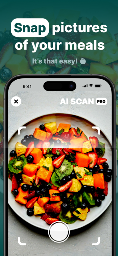 CALO #1 Cal & AI Food Tracker - iPhone screen showing CALO app scanning a fruit salad using AI for calorie tracking