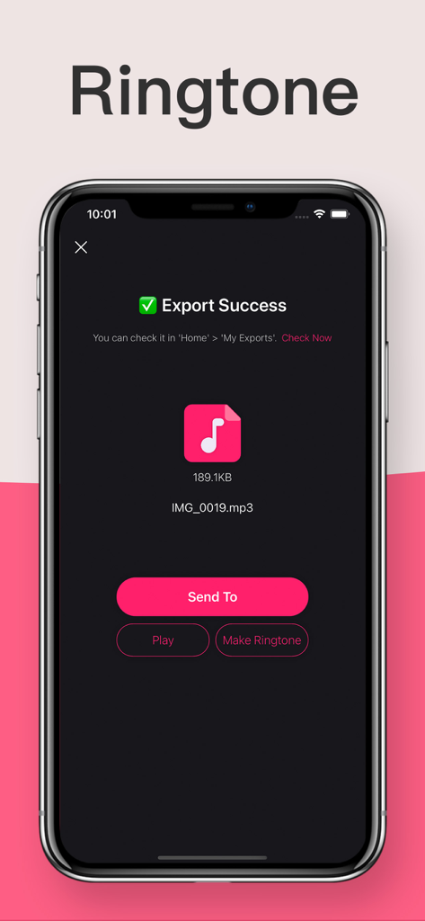 Audio Extractor: Vid2Audio - Una pantalla de extracción de audio exitosa en la aplicación Vid2Audio que muestra un archivo mp3 exportado con una opción para crear un tono de llamada personalizado.