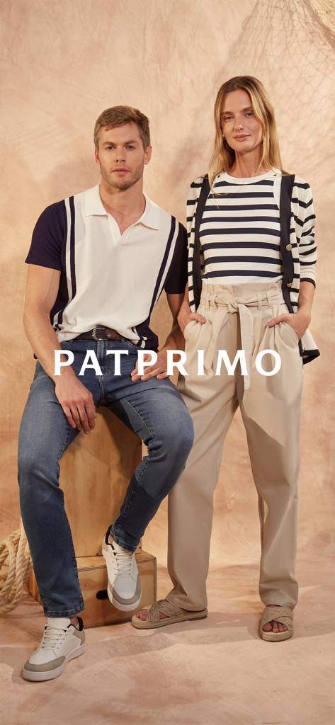 Man and woman posing in sophisticated casual outfits from Patprimo