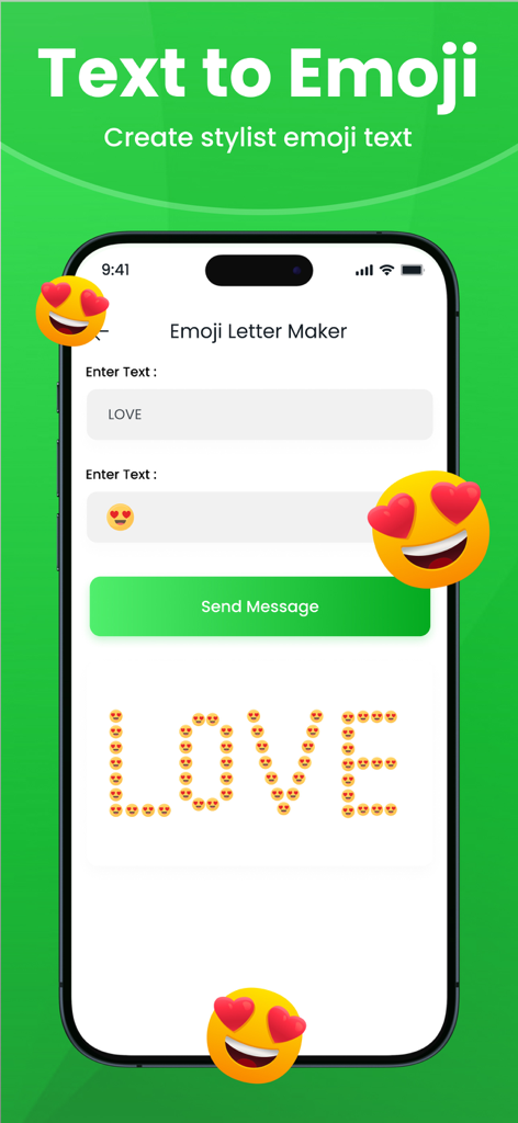 A mobile app screen showing the Text to Emoji feature which converts text into emoji art