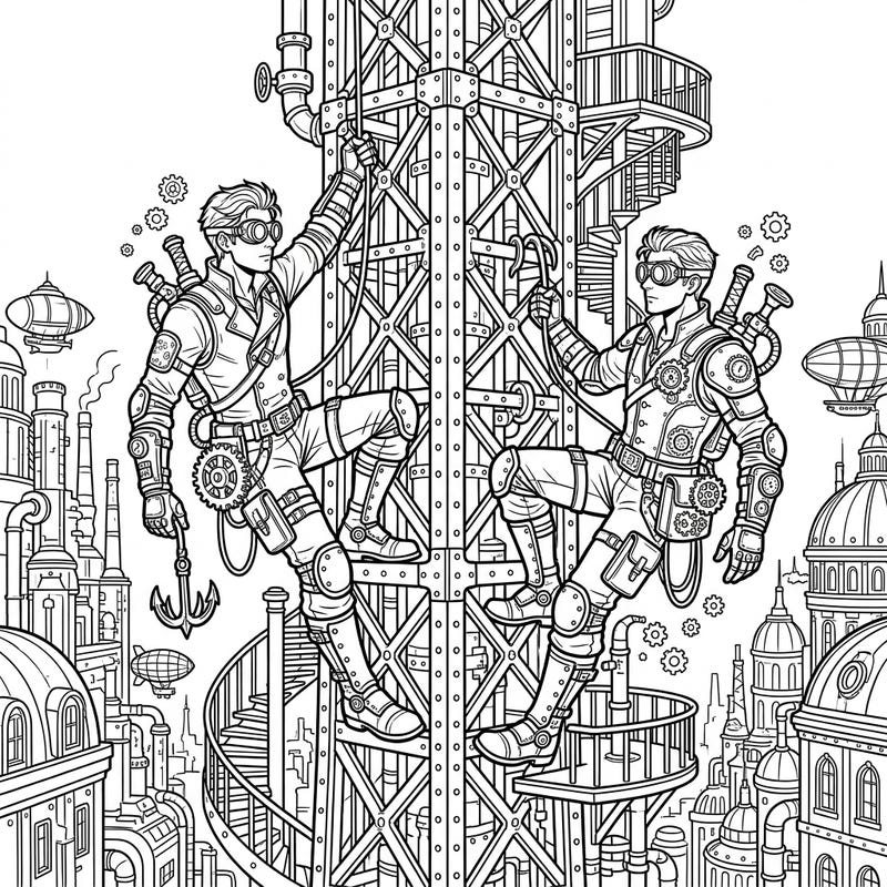 Journey into a fantastic Steampunk world where daring urban climbers ascend towering structures, their gear adorned with intricate clockwork. This dynamic scene offers a thrilling coloring challenge for adventurers of all ages.