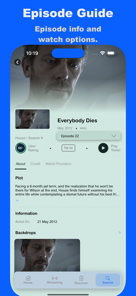 FlixHub app interface showing an episode guide for the TV series House with plot summary and user ratings