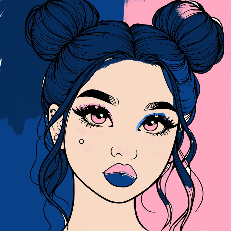 realistic girl with two buns on her hair and lips