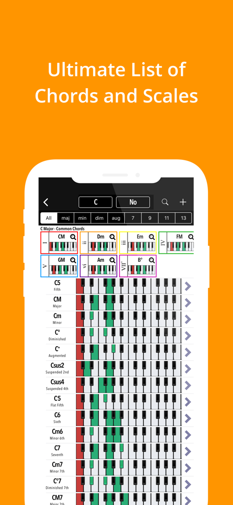 Piano Chords, Scales Companion - Comprehensive list of piano chords and scales with keyboard diagrams in the Piano Companion app