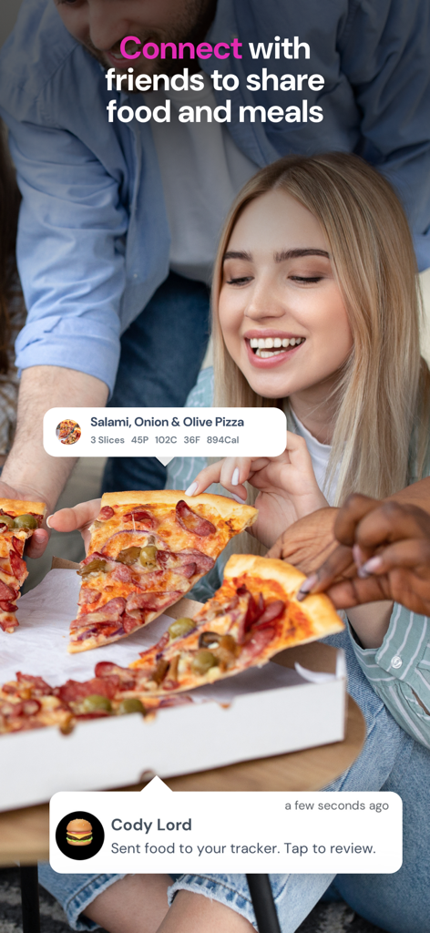 A group of friends sharing a pizza while using the Avatar Nutrition app to track and share food data