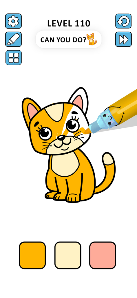 Coloring Page ASMR Drawing - Digital coloring interface showing a cute cartoon cat being colored with a yellow marker