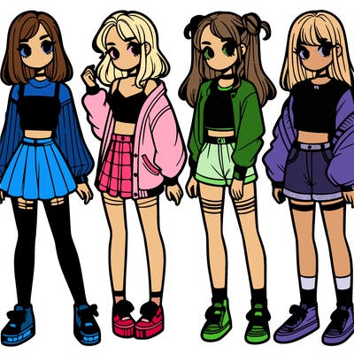 one girl with crop-top shirt and a jacket with a skirt, long socks and another girl with a shirt and pants with a jacket